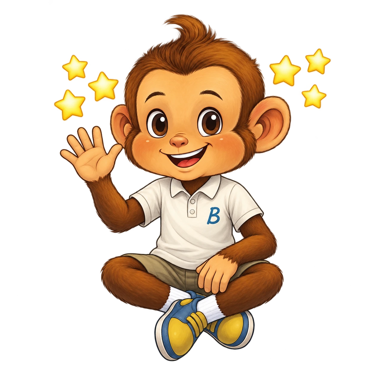 Babu sitting cross-legged and waving hello